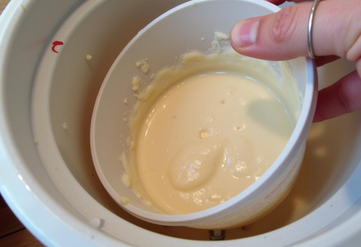 Homemade ice cream mixture being poured into an ice cream maker for churning.