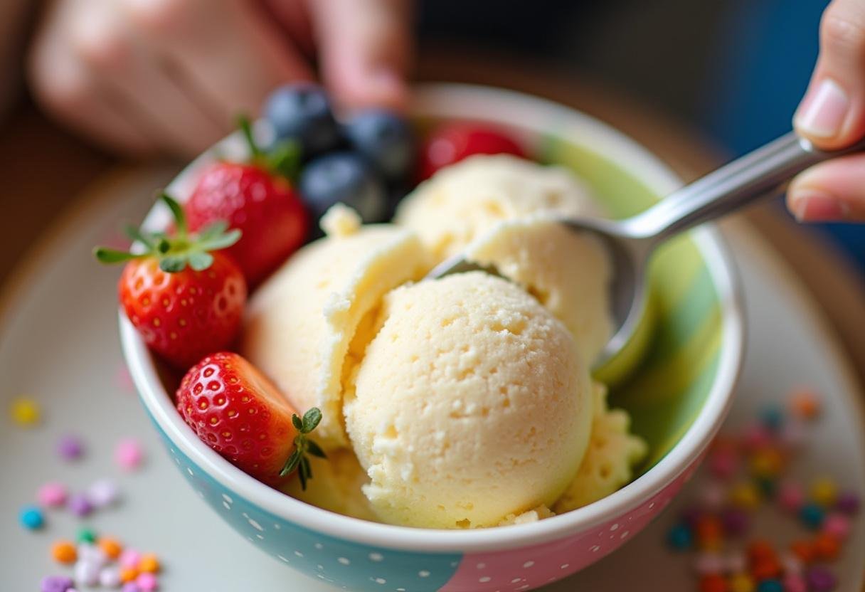Scooping homemade ice cream into a bowl, ready to enjoy with toppings.