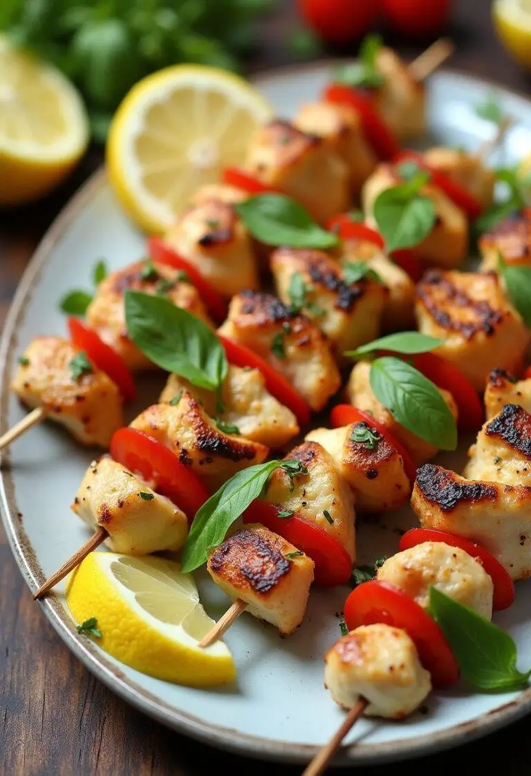 Finished Juicy Lemon Basil Chicken Kabobs on a platter, ideal for summer gatherings.