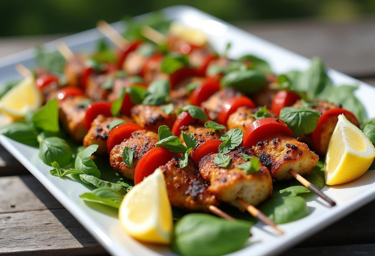 Finished Juicy Lemon Basil Chicken Kabobs on a platter, ideal for summer gatherings.