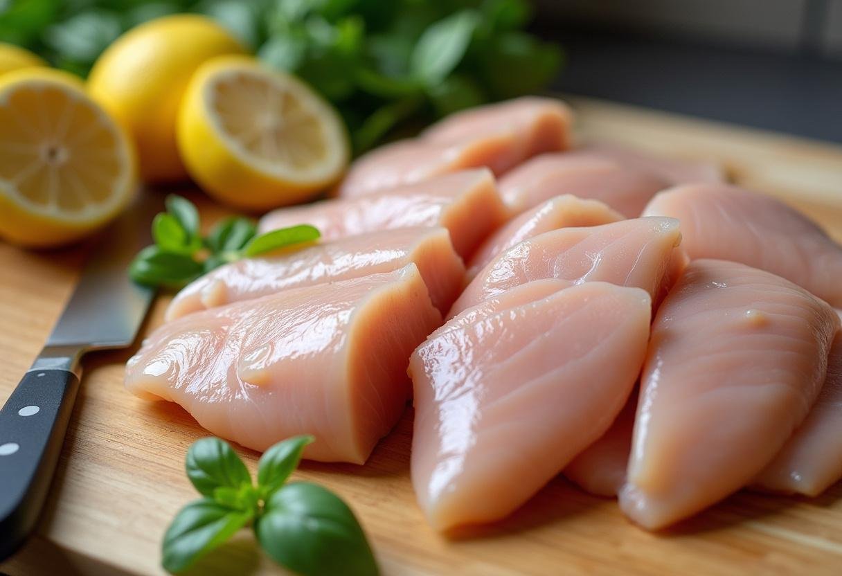 Cubing chicken breast for Juicy Lemon Basil Chicken Kabobs preparation.