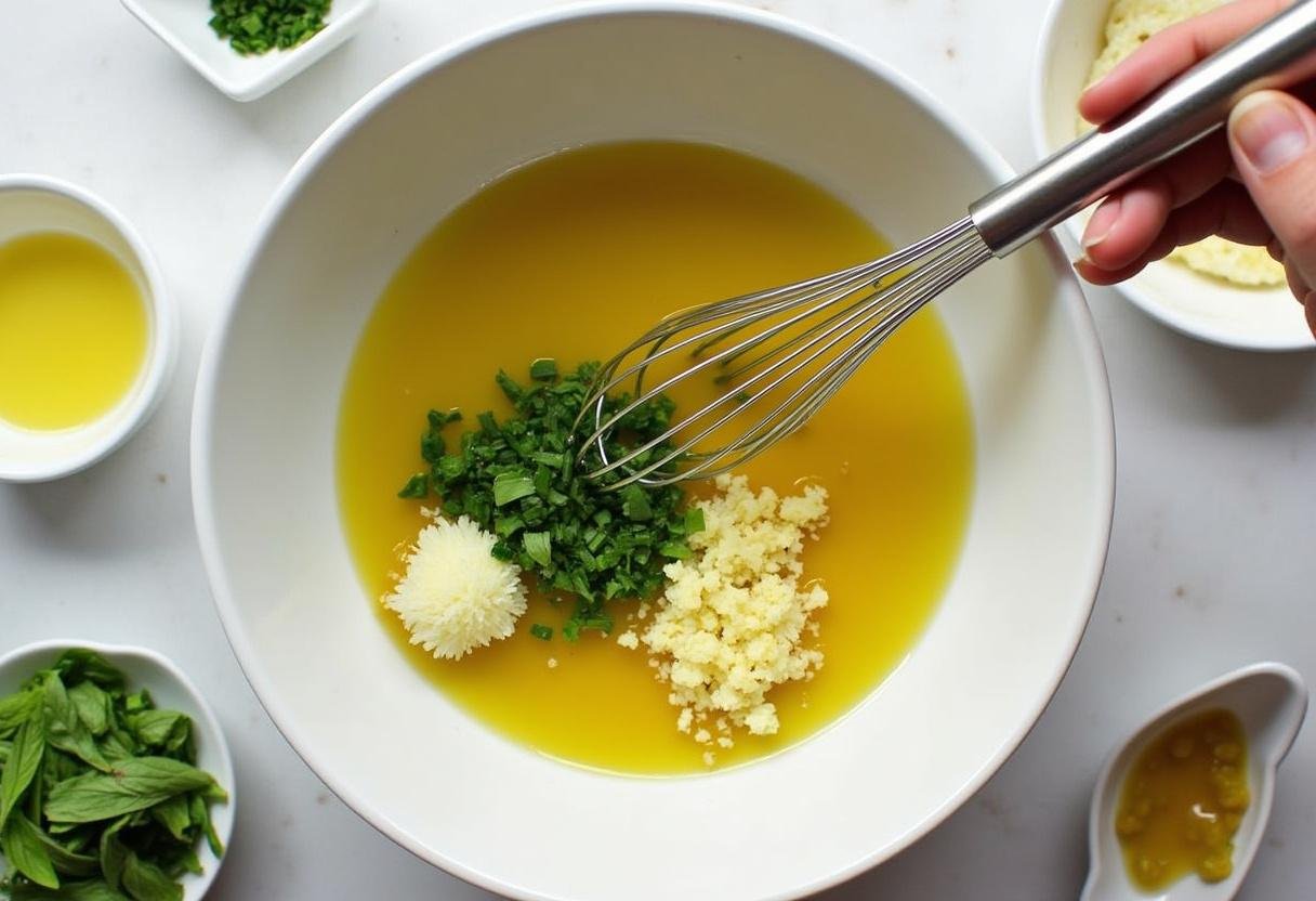 Preparing marinade for Juicy Lemon Basil Chicken Kabobs with olive oil and lemon juice.