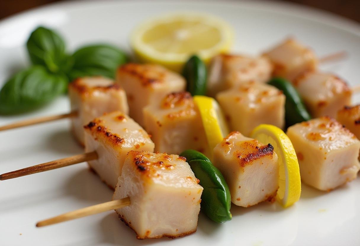 Assembling Juicy Lemon Basil Chicken Kabobs with marinated chicken, lemon, and basil.