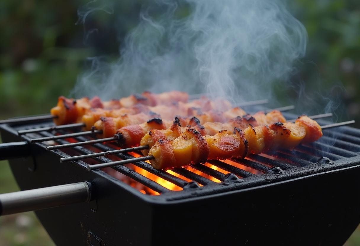 Grilling Juicy Lemon Basil Chicken Kabobs to perfection on an outdoor grill.
