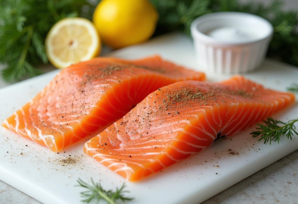 Fresh salmon fillets seasoned and prepared with lemon and dill for Lemon Dill Salmon recipe.