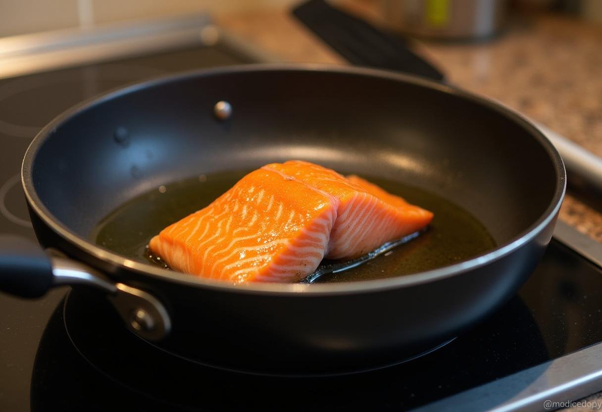 Olive oil heating in a skillet for cooking salmon in the Lemon Dill Salmon dish.