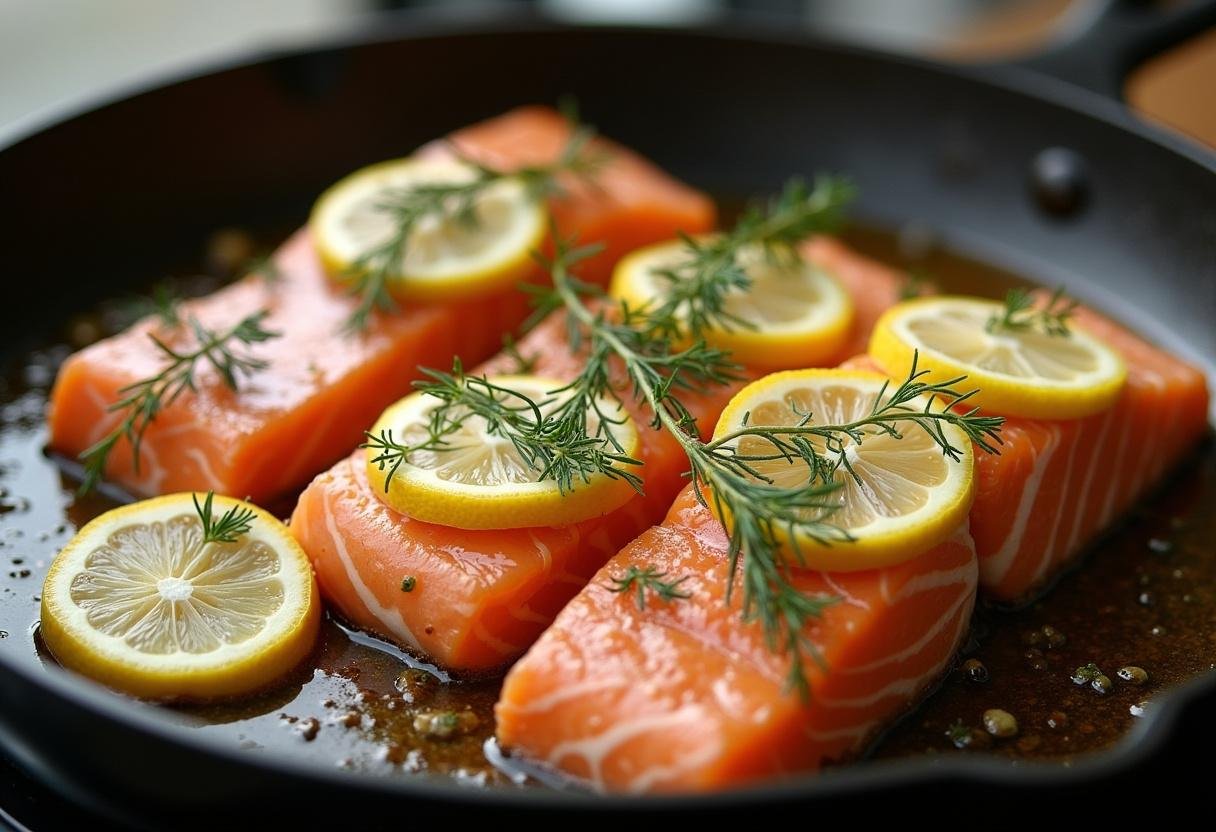 Cooking salmon in a skillet with lemon and dill for a flavorful Lemon Dill Salmon dish.