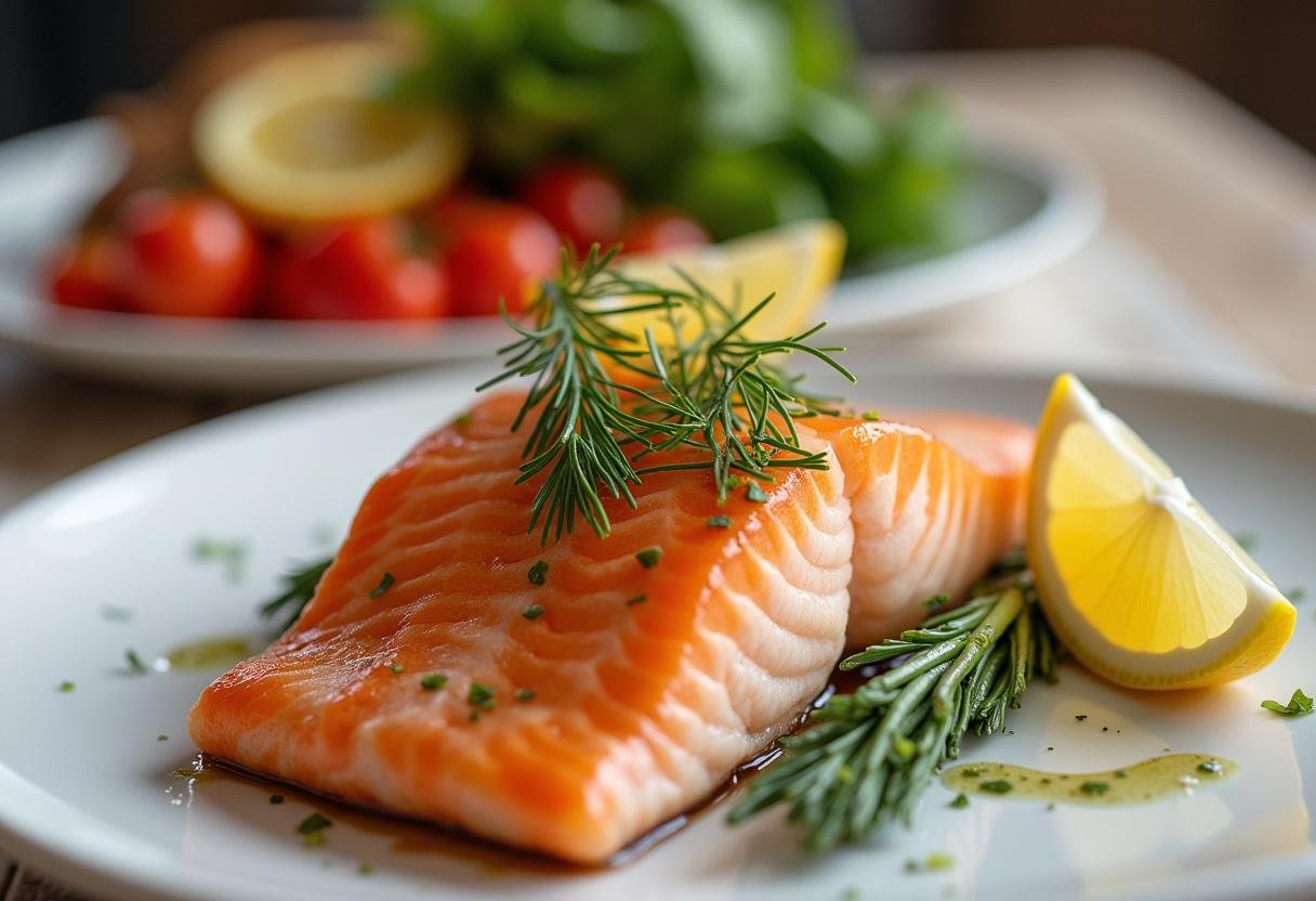 Plated Lemon Dill Salmon fillet served with vegetable sides, ready to enjoy.
