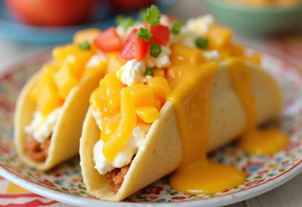 Delicious Mango Cheesecake Taco showcasing fresh mango and cheesecake filling, perfect for dessert.