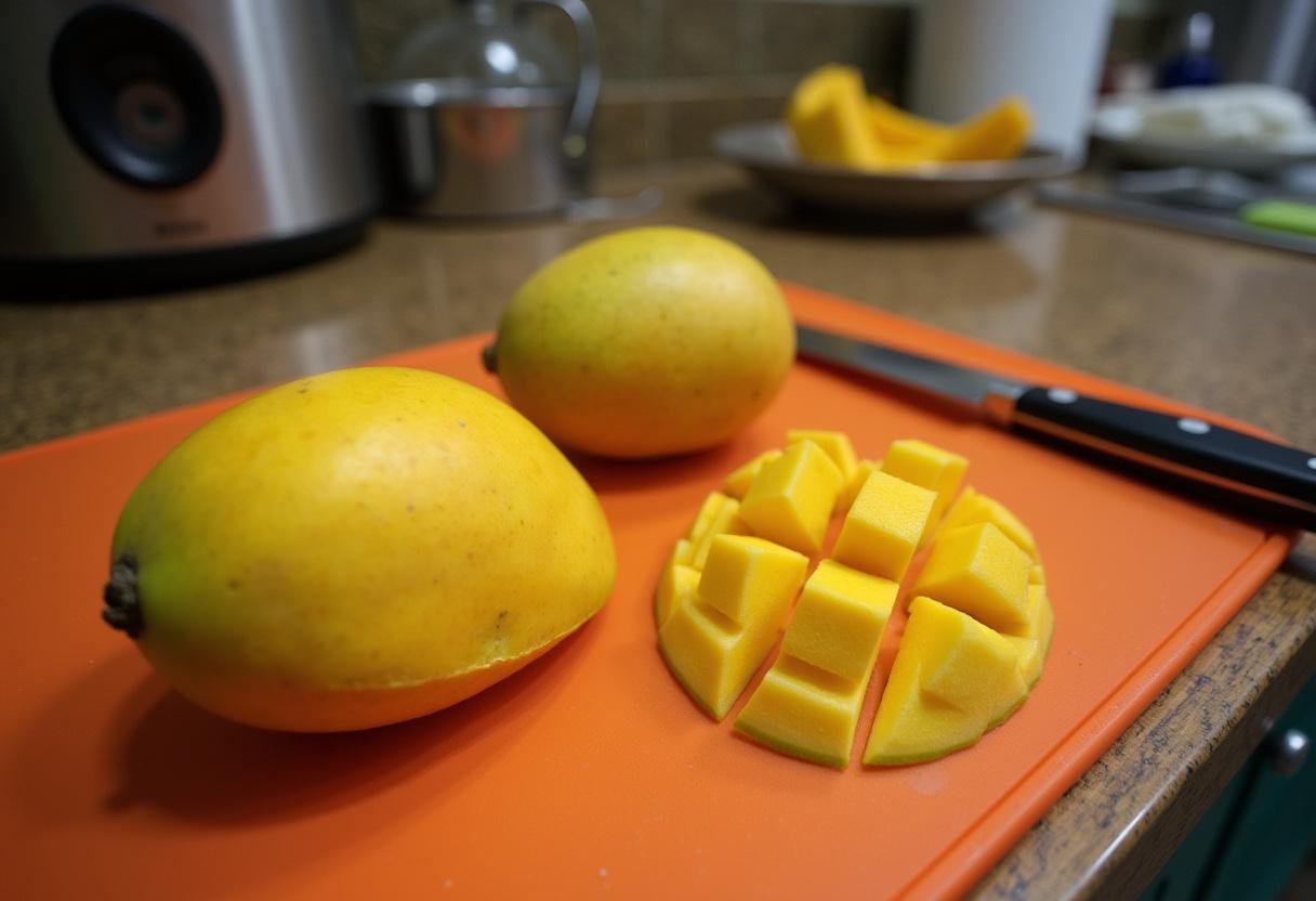 Peeled and sliced mangoes ready for making Mango Cheesecake Tacos.