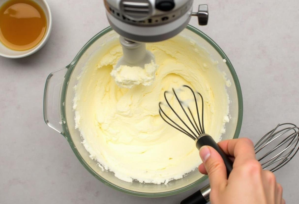 Cream cheese mixture being prepared for Mango Cheesecake Tacos filling.