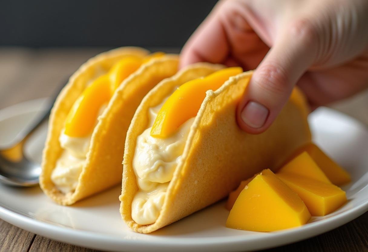 Taco shells filled with cheesecake filling for Mango Cheesecake Tacos.