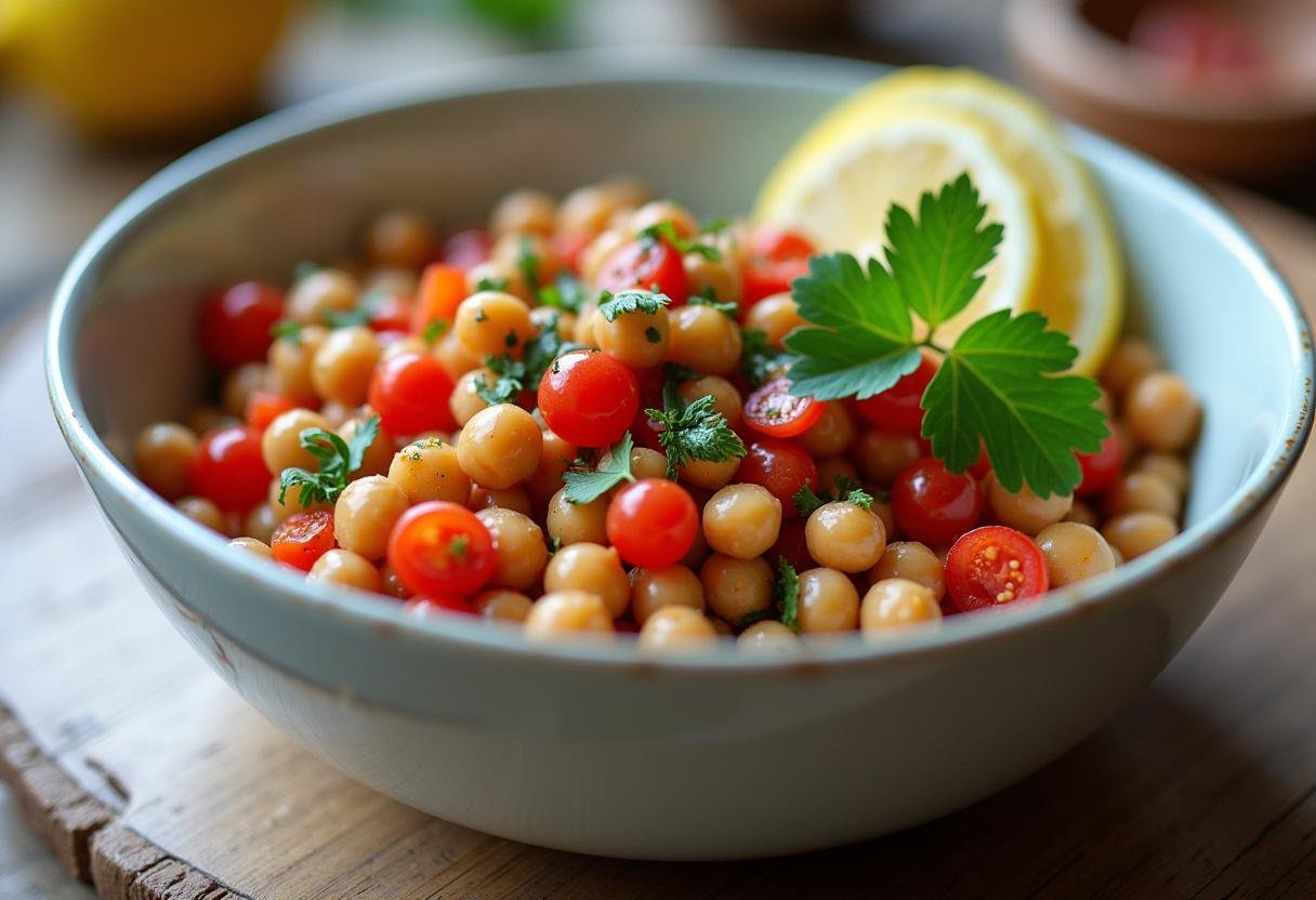 Delicious Mediterranean Chickpea Salad served in a bowl, bursting with vibrant colors and flavors.