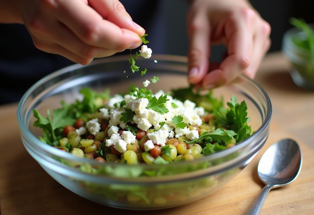 Feta cheese and parsley being added to Mediterranean Chickpea Salad for extra flavor.