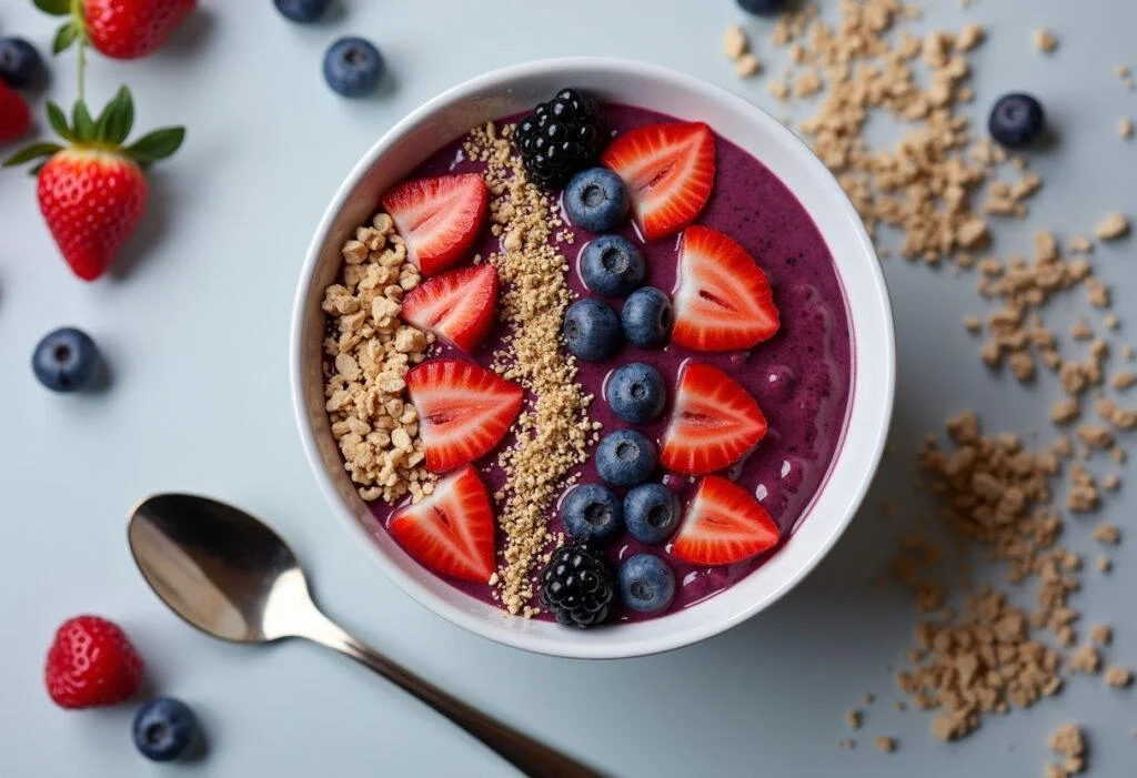 Finished Mixed Berry Smoothie Bowl colorful and full of healthy toppings, perfect for a refreshing meal.