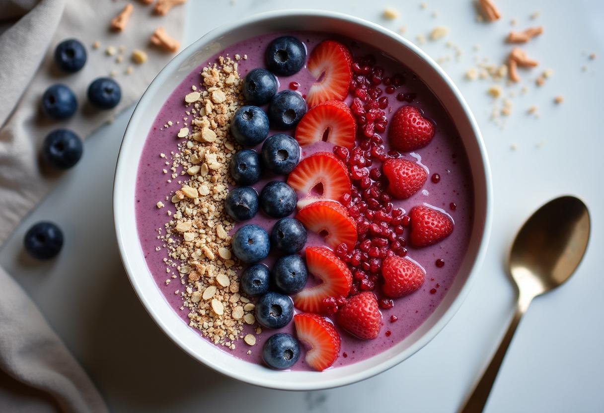 Finished Mixed Berry Smoothie Bowl colorful and full of healthy toppings, perfect for a refreshing meal.