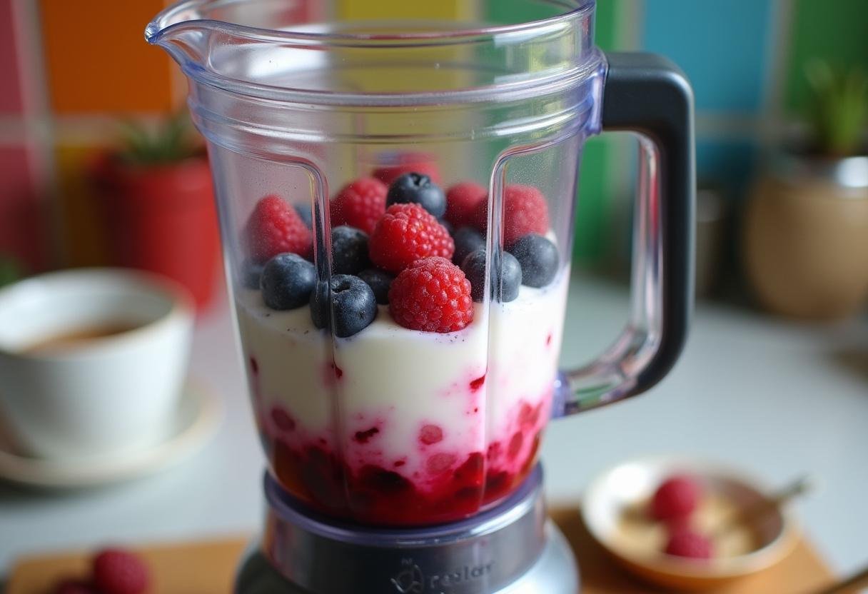 Blending fresh berries and yogurt for a delicious Mixed Berry Smoothie Bowl.