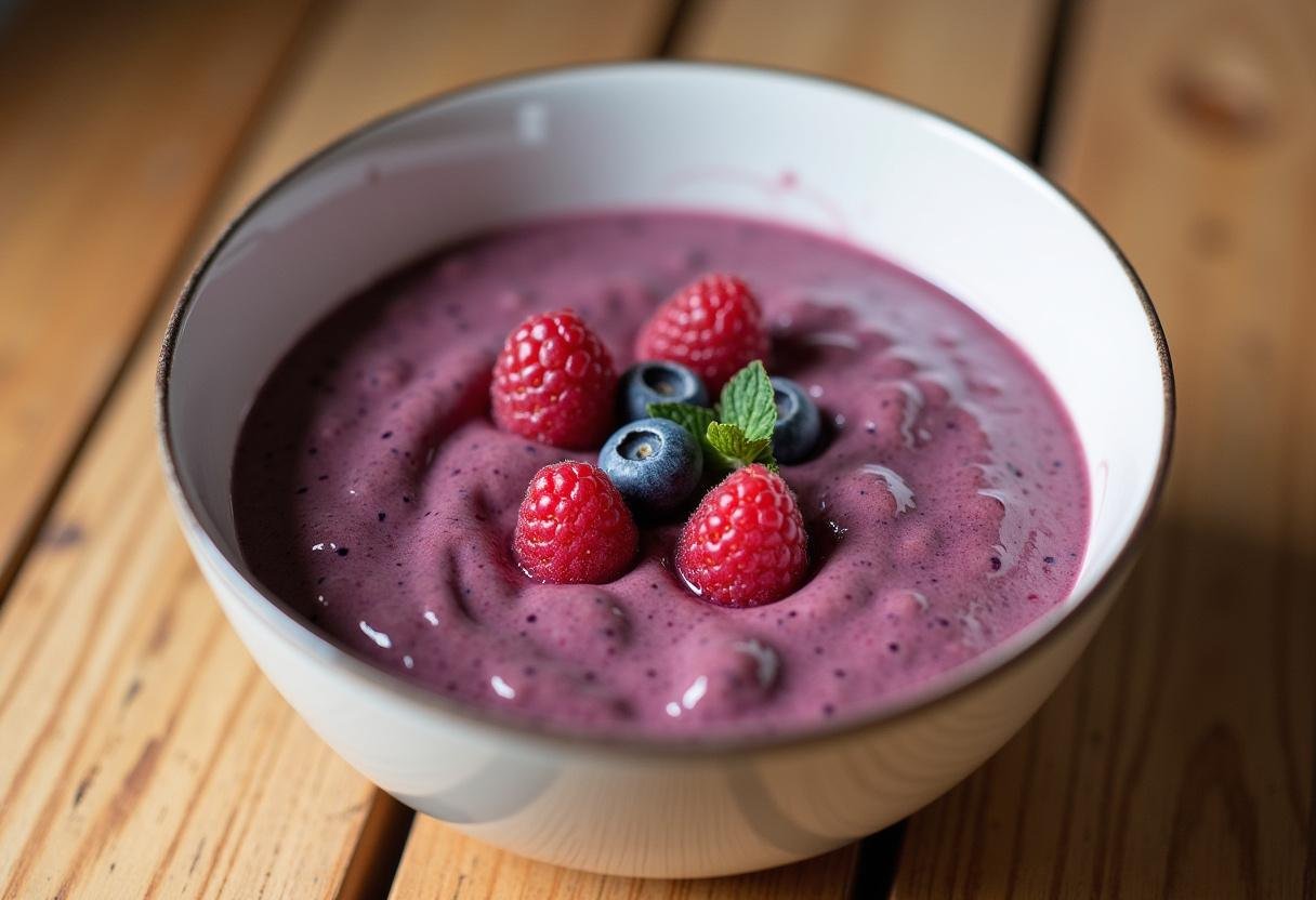 Creamy smoothie base for Mixed Berry Smoothie Bowl, ready for toppings.