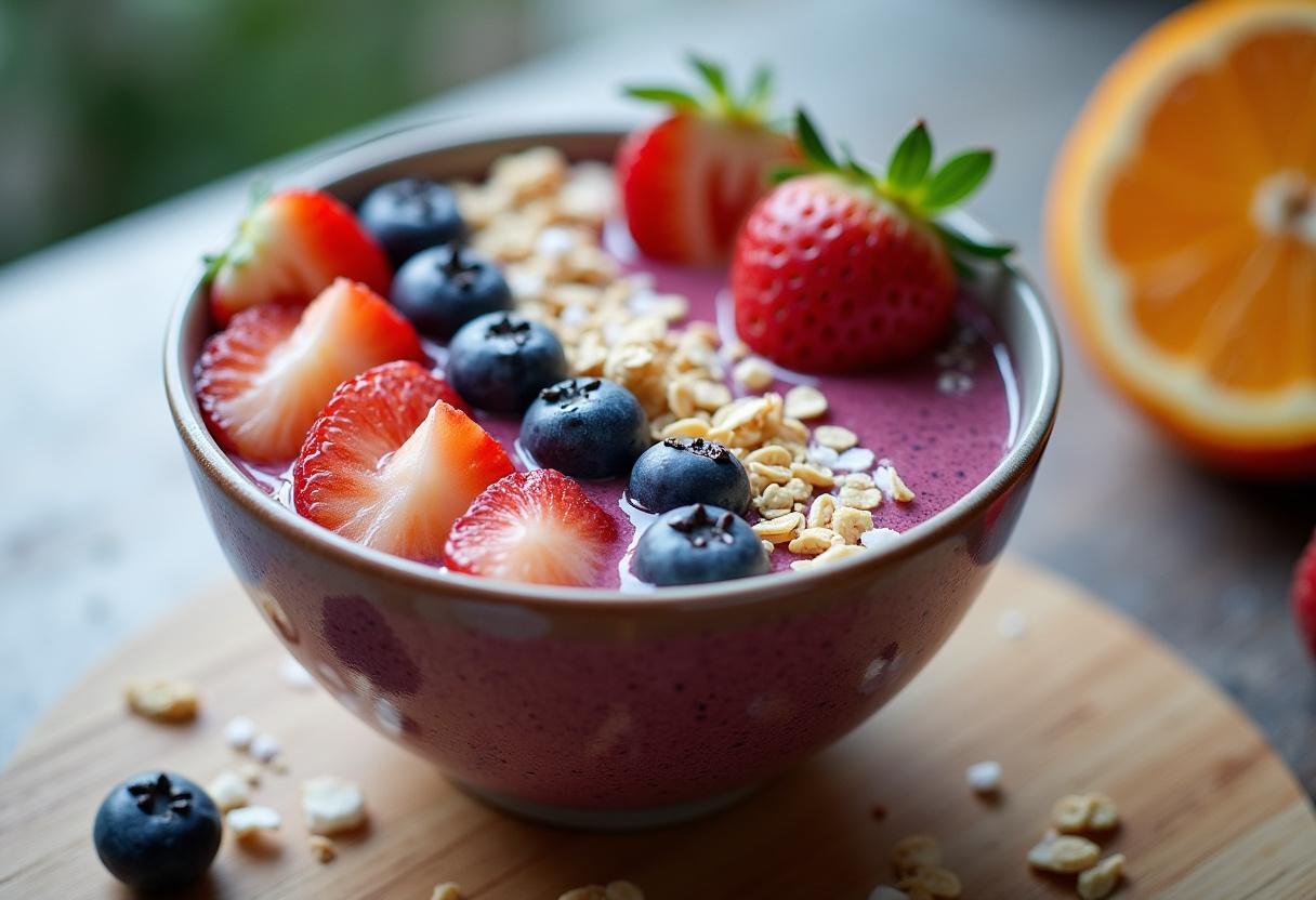 Styled Mixed Berry Smoothie Bowl topped with granola and fruits, perfect for breakfast.