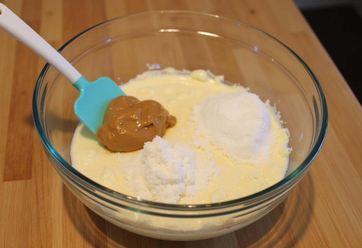 Mixing cream cheese and peanut butter for Peanut Butter Dream Cheesecake preparation.