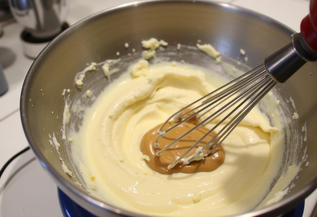 Whisking the peanut butter and cream cheese mixture for a creamy cheesecake texture.