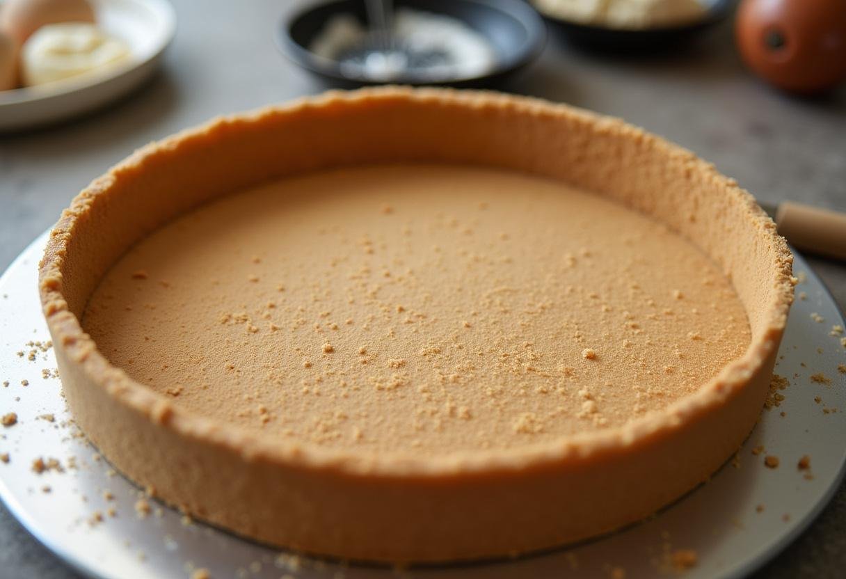 Graham cracker crust ready for filling with peanut butter cheesecake mixture in the baking process.