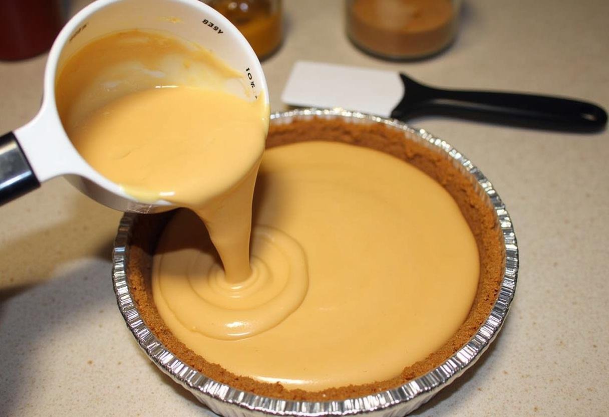 Pouring peanut butter cheesecake filling into graham cracker crust for Peanut Butter Dream Cheesecake.