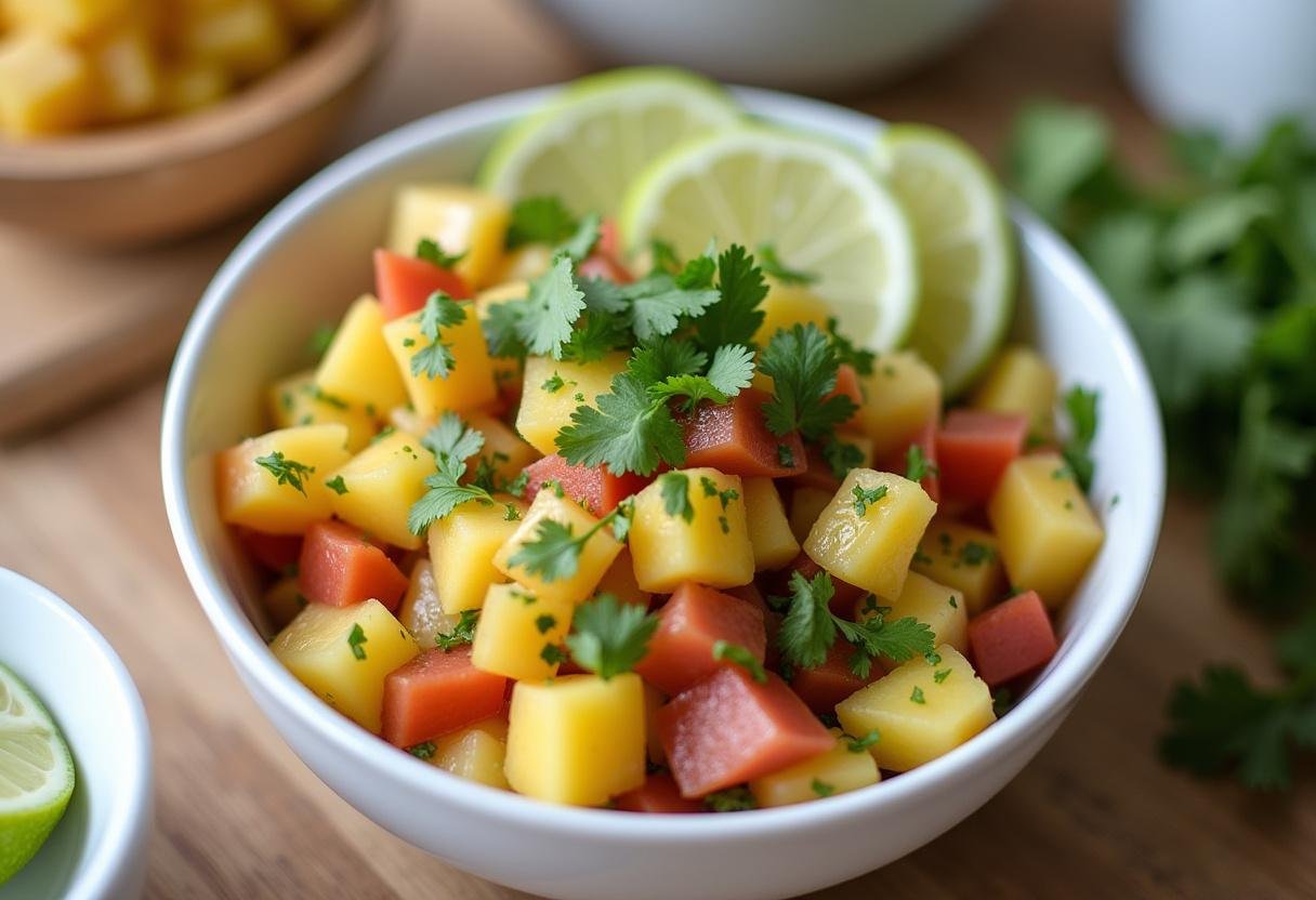 Delicious Pineapple Salsa in a bowl, perfect for summer parties and freshness.