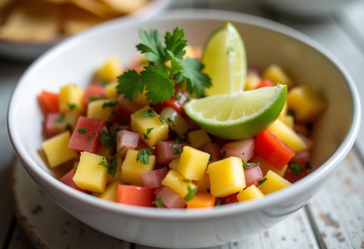 Delicious Pineapple Salsa in a bowl, perfect for summer parties and freshness.