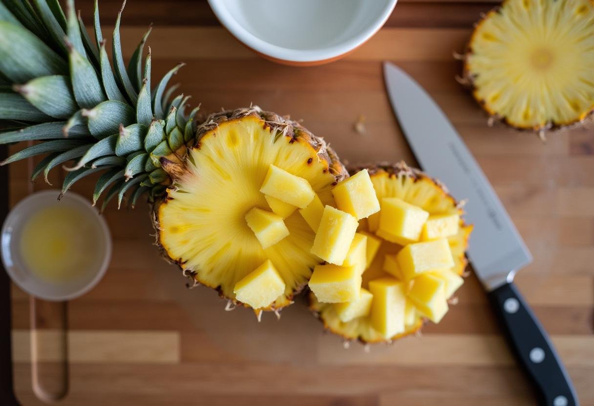 Pineapple chunks being cut on a wooden board for making Pineapple Salsa.