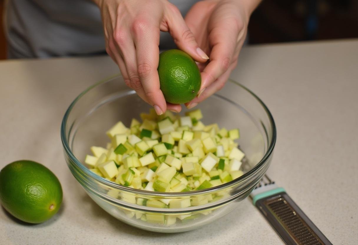 Fresh lime juice being squeezed over the ingredients for Pineapple Salsa.