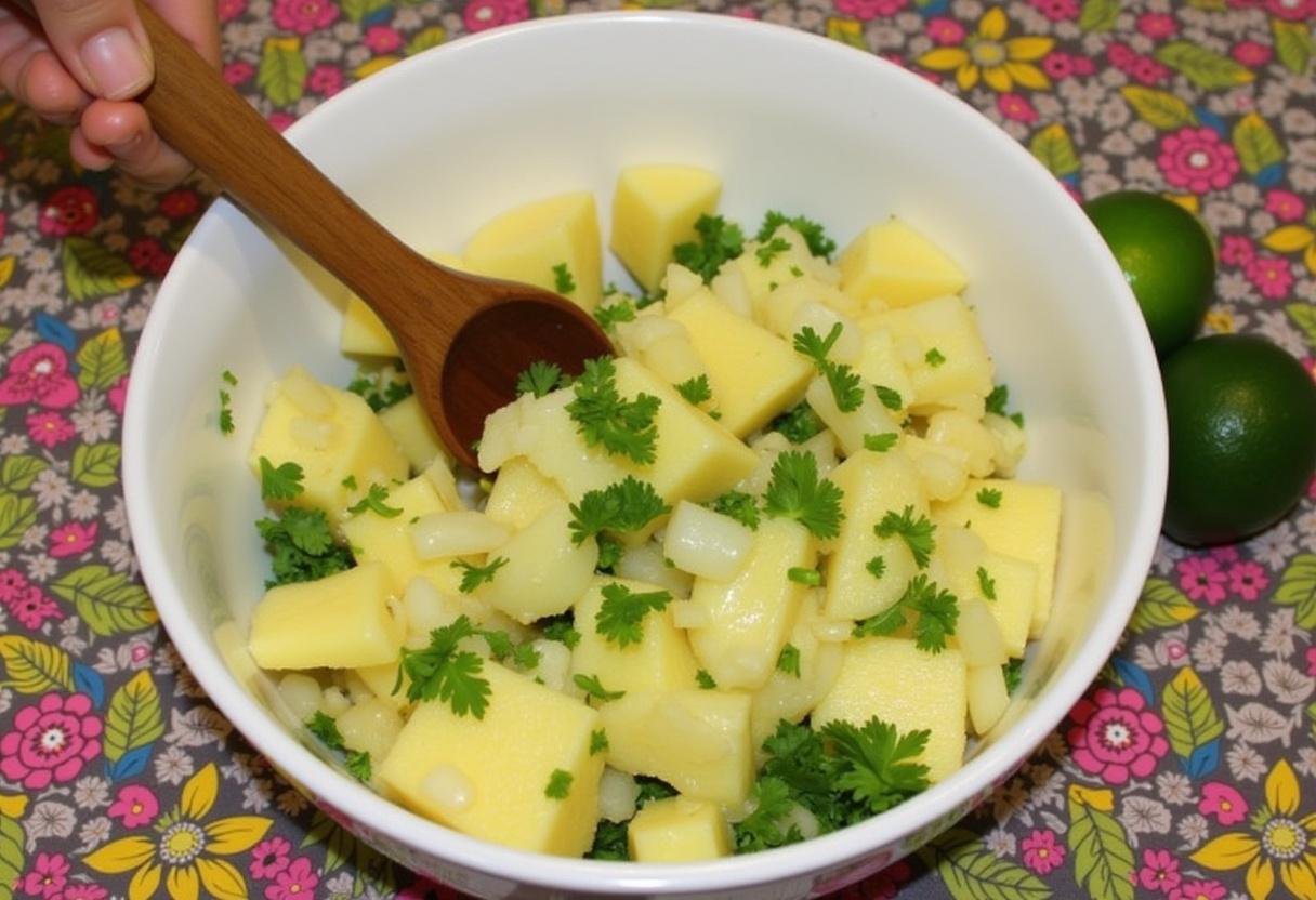 Mixing bowl of Pineapple Salsa ingredients being combined together before serving.