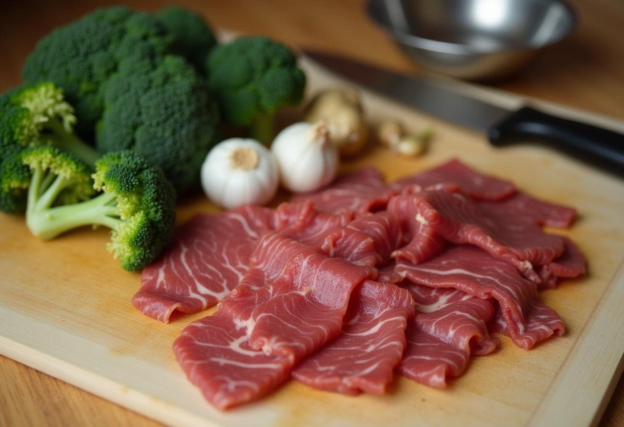 Sliced beef and broccoli prepared for Quick Weeknight Beef and Broccoli Stir-Fry.