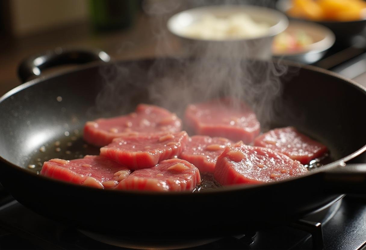 Searing beef in a hot skillet for Quick Weeknight Beef and Broccoli Stir-Fry.