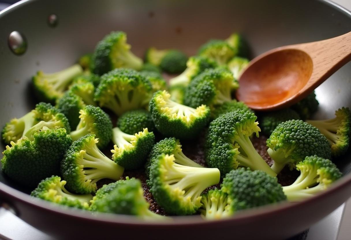 Broccoli and beef stir-fried with soy sauce for a quick dinner.