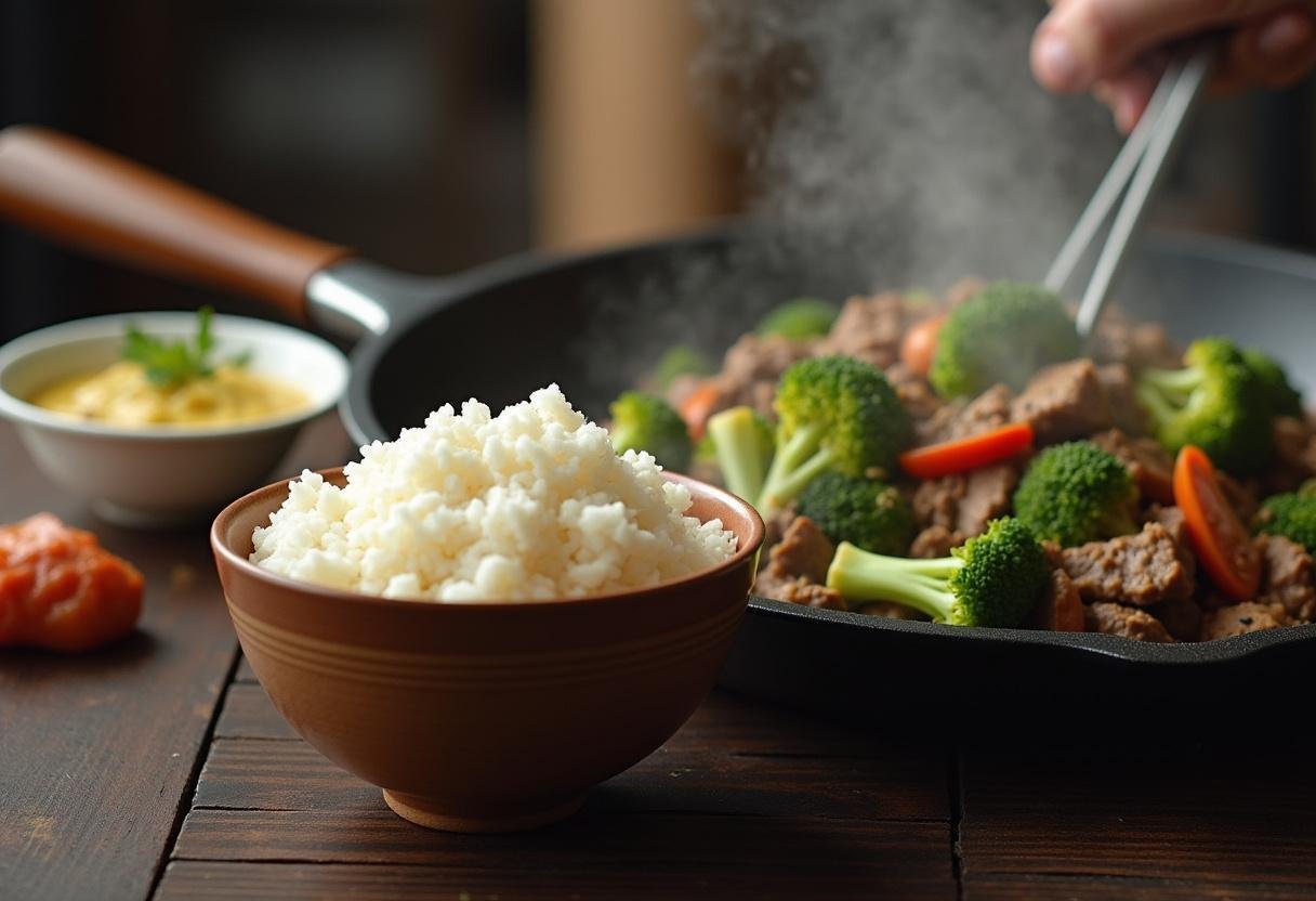 Cooked rice prepared alongside Quick Weeknight Beef and Broccoli Stir-Fry ingredients.