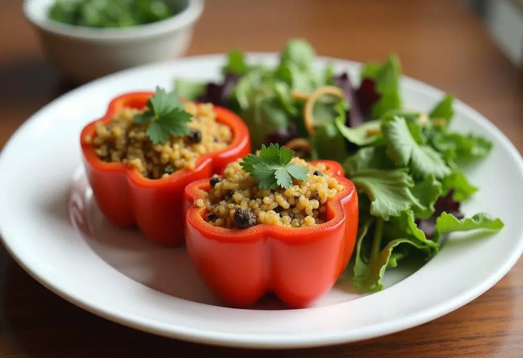 Finished quinoa stuffed peppers, an appealing healthy dish perfect for meal time.