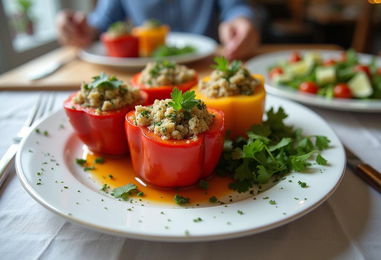 Finished quinoa stuffed peppers, an appealing healthy dish perfect for meal time.