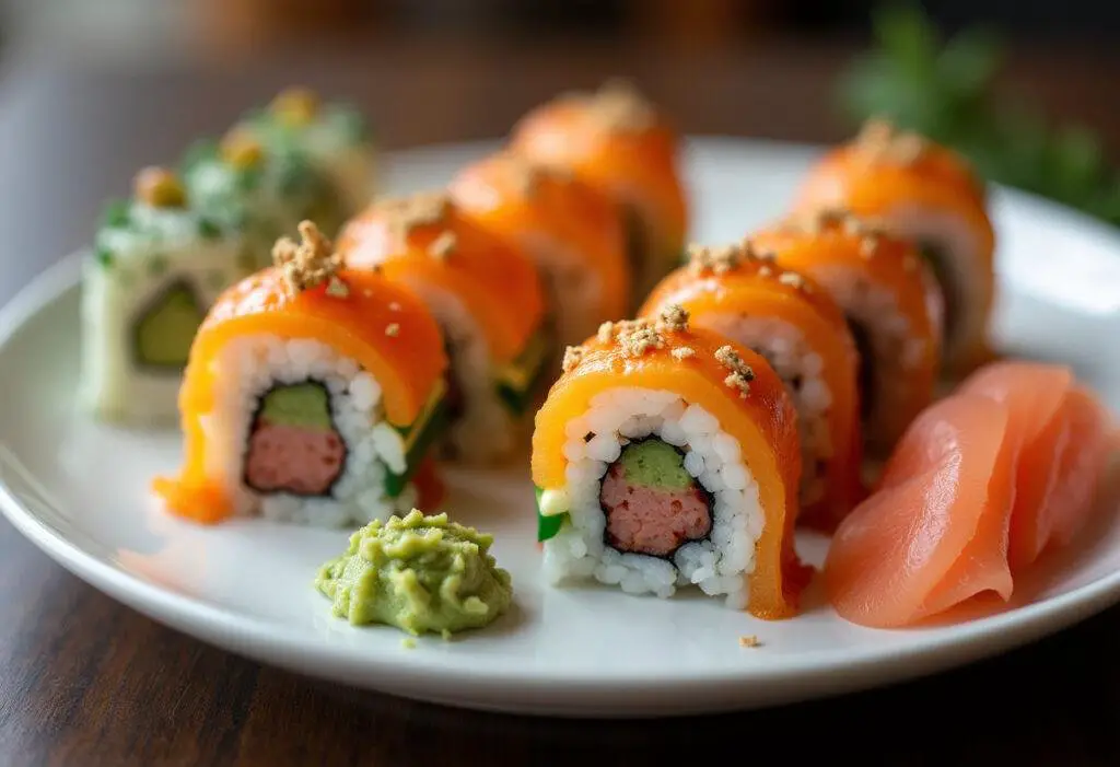 Finished Rainbow Sushi Rolls beautifully arranged, perfect for sushi lovers.
