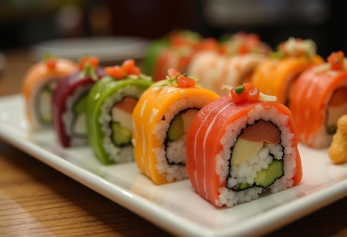 Finished Rainbow Sushi Rolls beautifully arranged, perfect for sushi lovers.