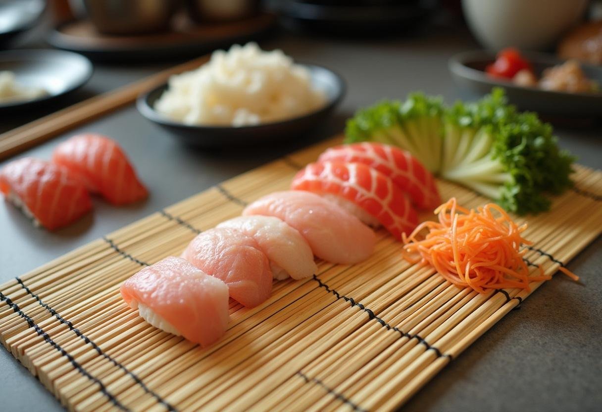 Preparing sushi rice and fresh vegetables for making Rainbow Sushi Rolls.