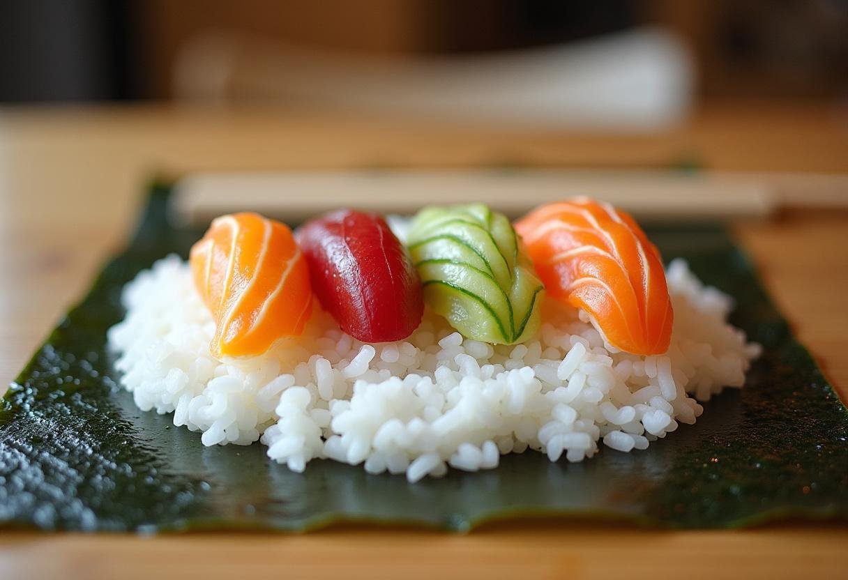 Sushi rice spread on nori with colorful vegetables arranged for Rainbow Sushi Rolls.