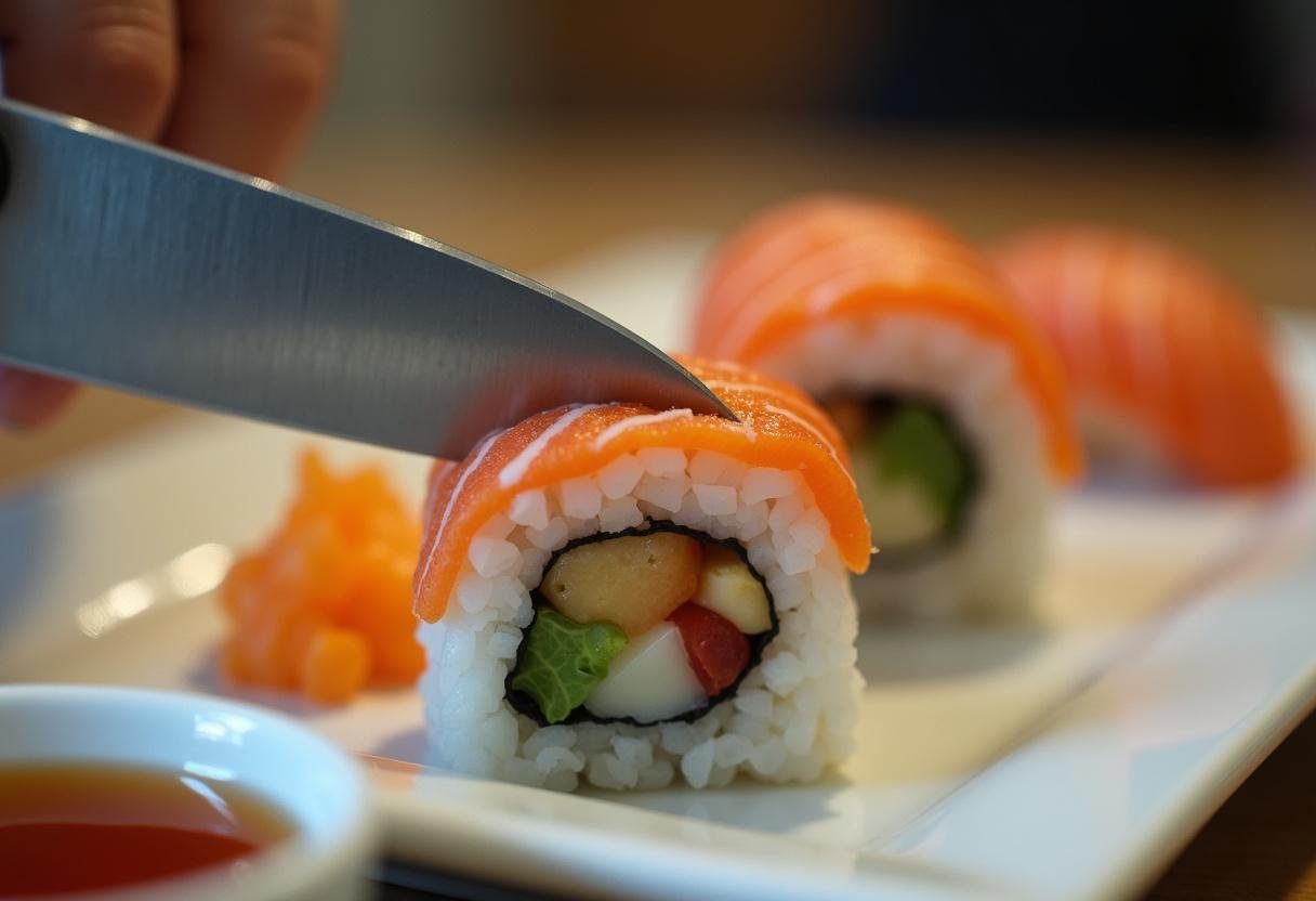 Sliced Rainbow Sushi Rolls displaying colorful fillings, ready to serve with soy sauce.