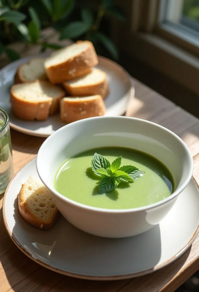 Chilled Cucumber Mint Gazpacho served with crusty bread, perfect for a refreshing summer meal.