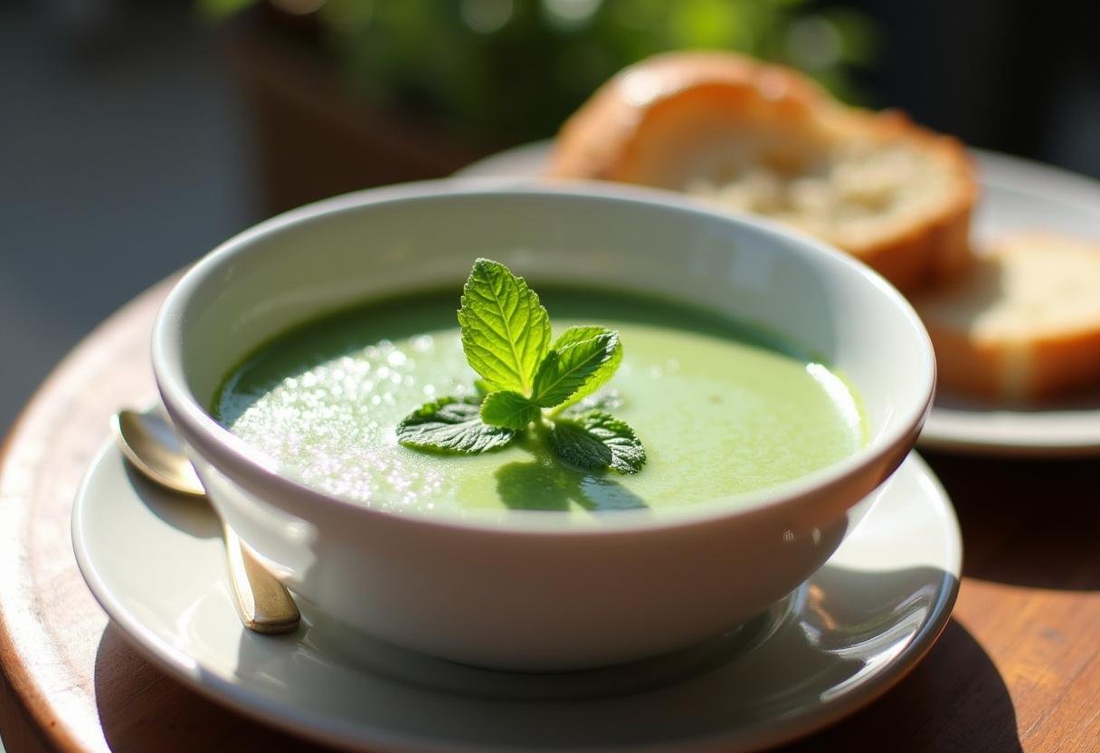 Chilled Cucumber Mint Gazpacho served with crusty bread, perfect for a refreshing summer meal.