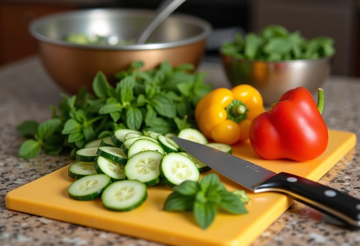 Chopped cucumbers, bell peppers, and mint leaves for refreshing Cucumber Mint Gazpacho preparation.