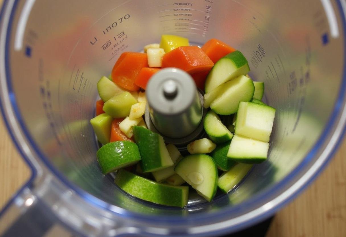 Blender with cucumbers, peppers, garlic, and lime juice for Cucumber Mint Gazpacho.