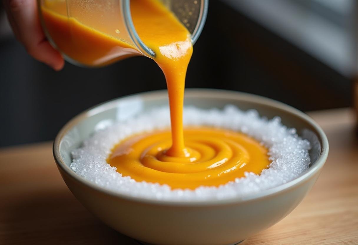 Pouring refreshing Cucumber Mint Gazpacho into a bowl for serving.