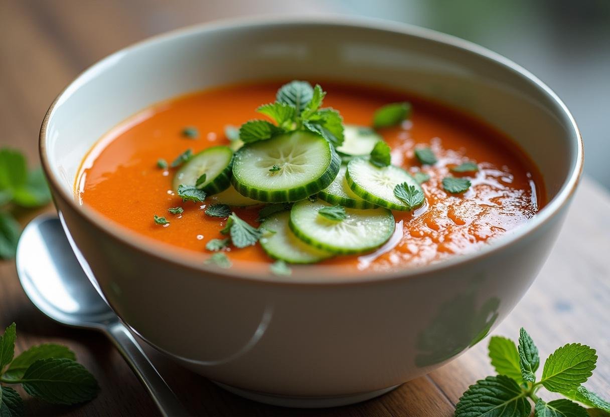 Garnished Cucumber Mint Gazpacho with fresh mint and cucumber slices ready for presentation.