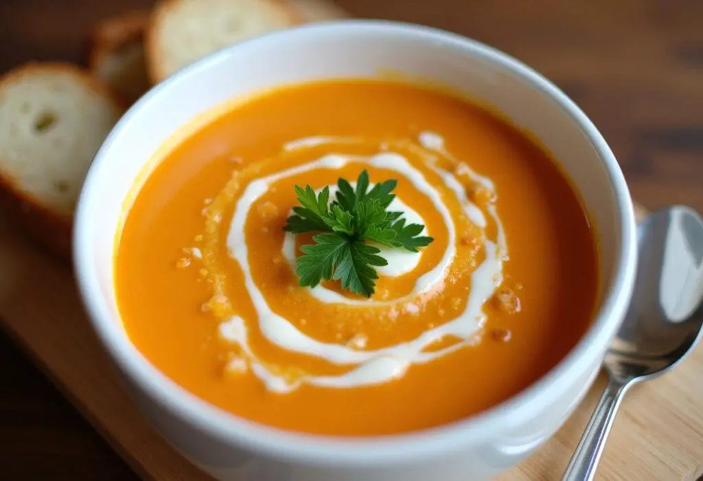 Delicious bowl of roasted carrot soup garnished, perfect for a warm meal.